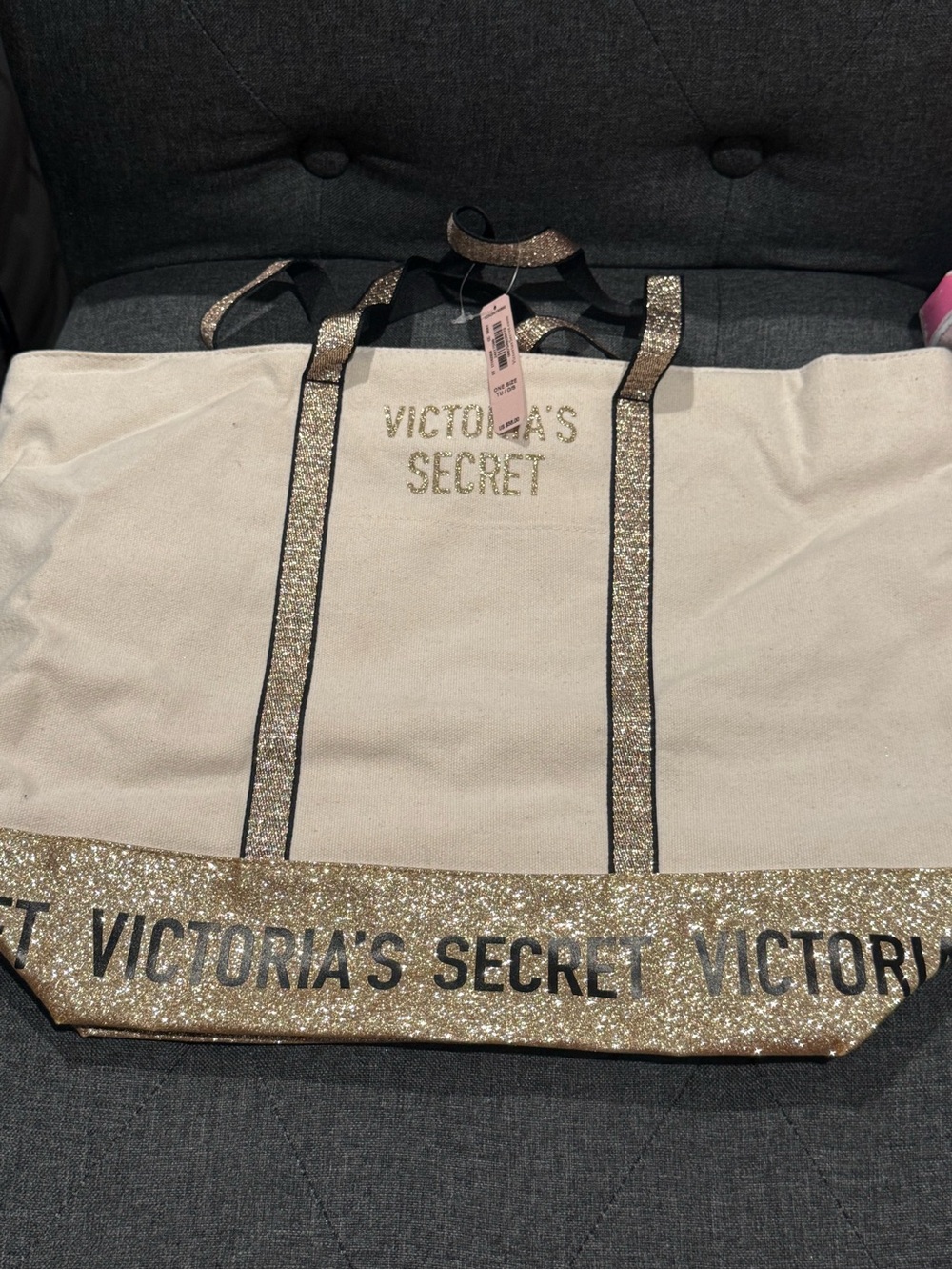 Victoria's Secret Cream Canvas Tote with Gold Glitter Accents